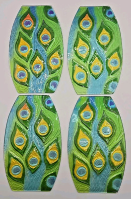 Vintage 4  Rectangular Iridescent 3-D Peacock  Glass Trivet Plates U230