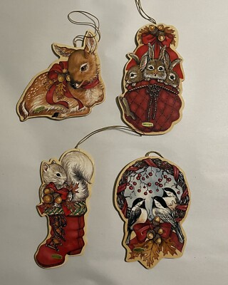 4 Vintage Die Cut Wood Christmas Ornaments Deer Birds Squirrels