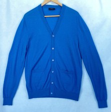 Joseph Cardigan Sweater Size Large Cashmere Silk Mens Elbow Patch Pockets Blue