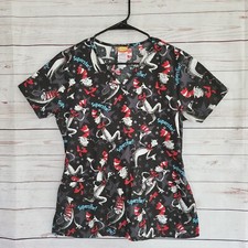 Dr Seuss Scrub Top Shirt Nurse Medical Cat in the Hat Gray Black Womens Sz XS