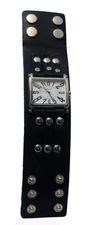 MAGNA: CuffWatches Western, Punk Wide Leather Band Black- rectangular Case Watch
