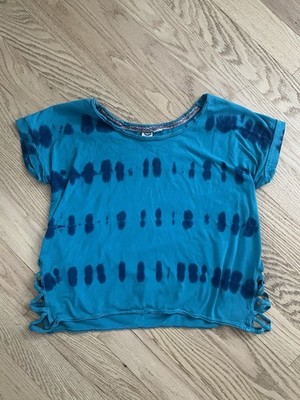 Roxy Women s Blue Tie-Dye Short Sleeve Scoop Neck Lace-Up T-Shirt Top