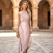 One-Shoulder Pleated Asymmetrical Dress 10 Champaign Cut Out Zipper Padded NWT 