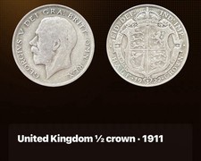 VERY RARE 1911 United Kingdom 1/2 Crown Silver Coin