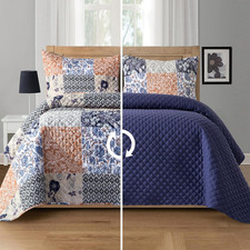 3-Piece Floral Patchwork Reversible Quilt - Soft Bedspread with Matching Pillow
