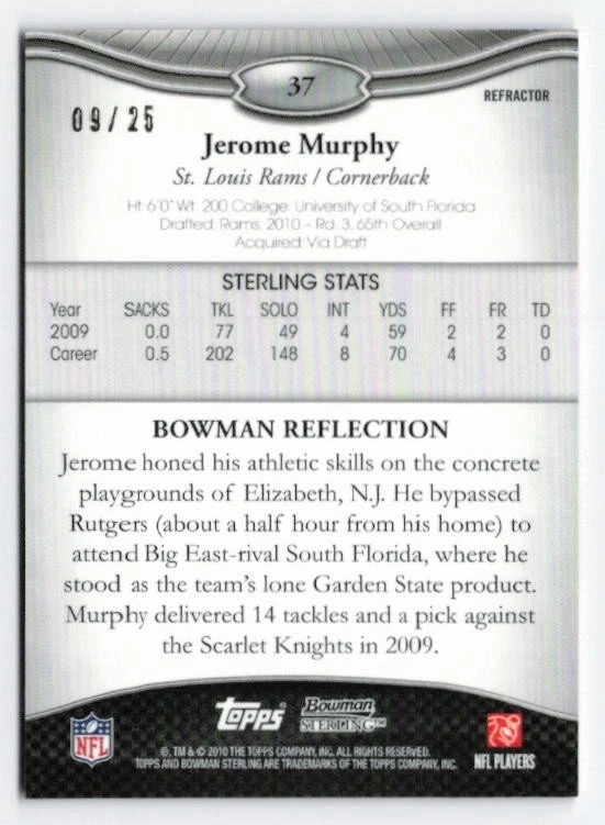 2010 Jerome Murphy Rookie Card Bowman Sterling Gold Refractor /25 #37 Rams - Image 2 of 3