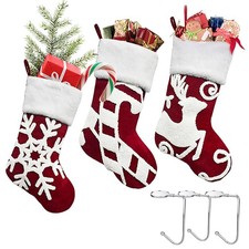 3 Pack Christmas Stockings 18" Red Embroidery Large Fireplace Hanging Stockin...