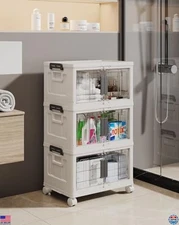 OlarHike 23QT Stackable Storage Bins - Folding Boxes with Doors & Wheels, 3-Pack