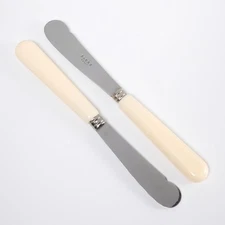 Sabre Paris Butter Spreader Knives Cream White Handles Pair 2pc Lot 7.75"l