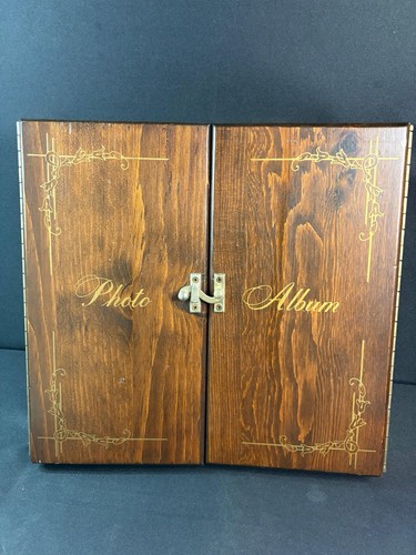 Vintage Wooden Photo Album Box Folding Picture Storage Case Rustic Wood Display