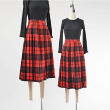 Vintage 80s Red and Black Plaid Wool Pleated Midi Skirt size L 32