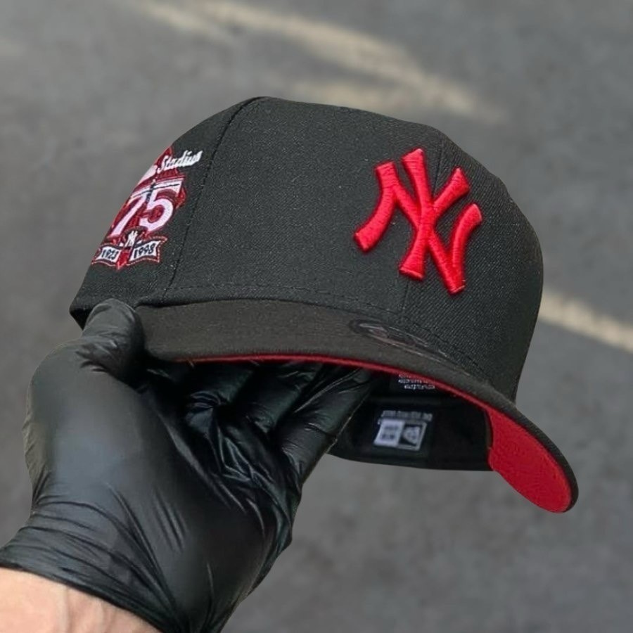 NY Yankees Hat 75th Anniversary World Series Patch Black Red
