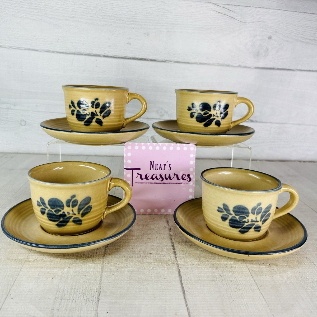 アメリカ製 PFALTZGRAFF 花柄 食器セット Pfaltzgraff FOLK ART Blue Floral Tan Stoneware USA 8oz Flat Cups