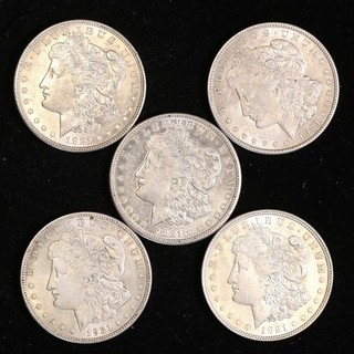 NO RESERVE AUCTION LOT 5 MORGAN SILVER DOLLARS 90% COINS NR!