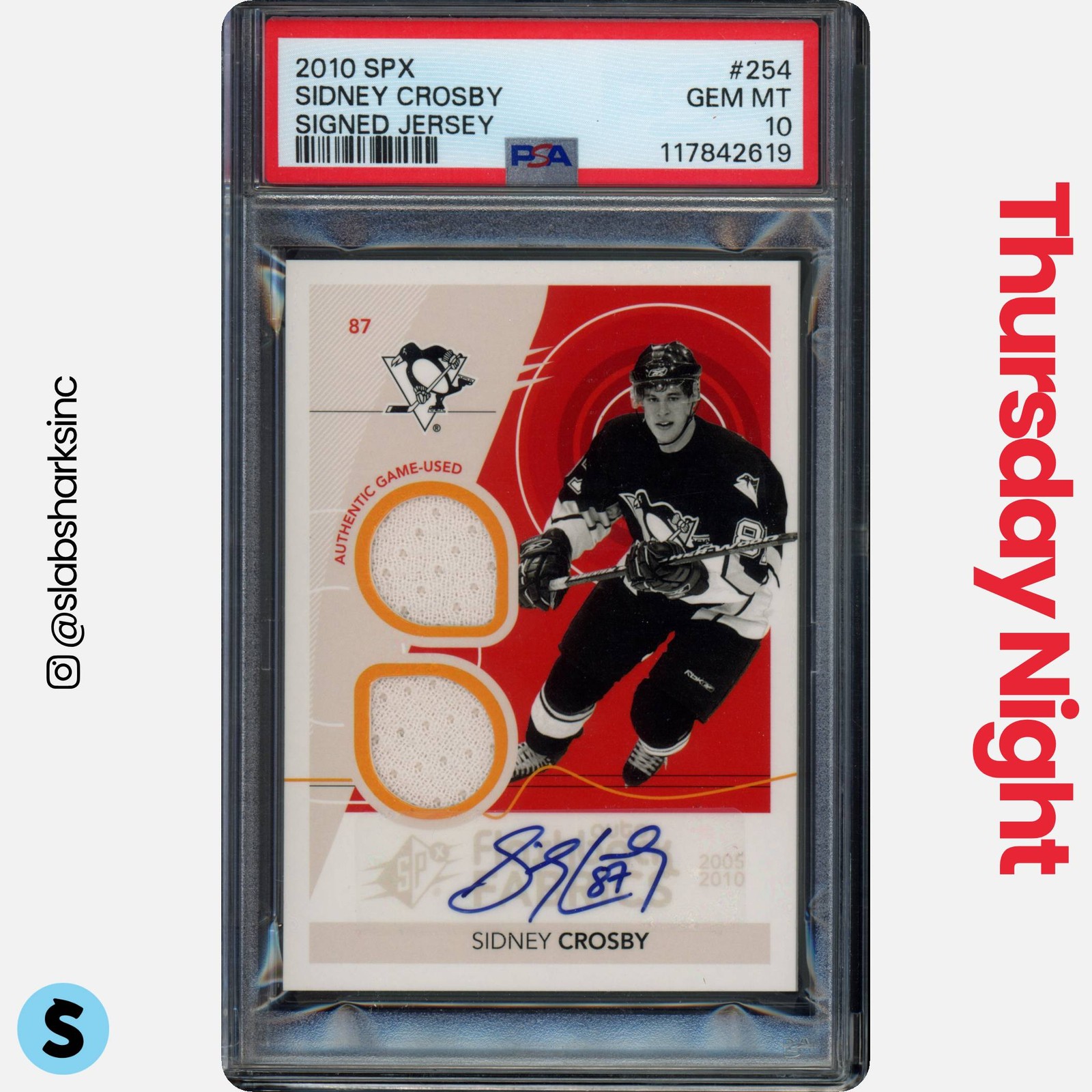 2010 UPPER DECK SPX #254 SIDNEY CROSBY FLASHBACK FABRICS JERSEY AUTO PSA 10