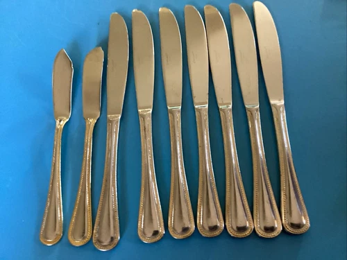 Wallace GOLD ROYAL BEAD Stainless Gold Accent 7 Dinner Knives & 2 Butter Knife