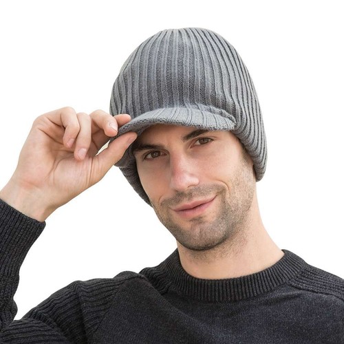 Hombres Invierno Cálido Sombrero Tejido Visera Gorro Forrado de Vellón Billed Gorro con Ala Gorra - Imagen 6 de 16