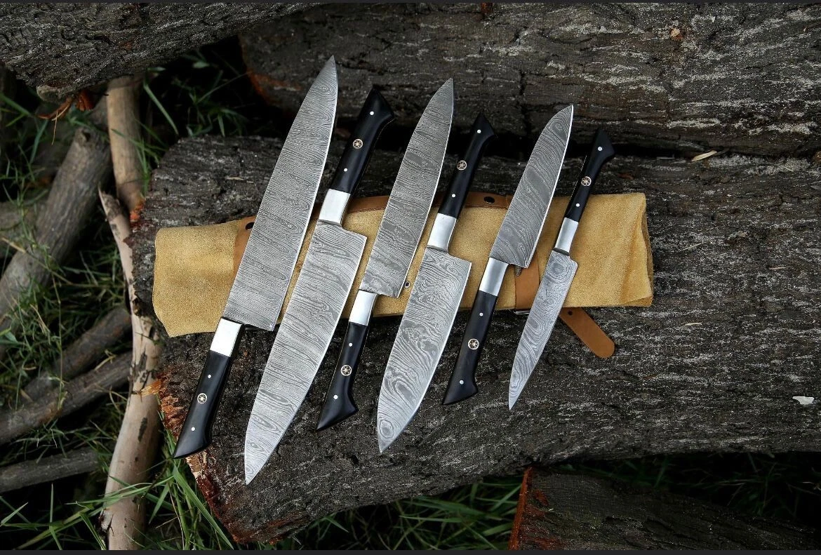 6 pieces Damascus steel handmade kitchen knife set with leather sheath