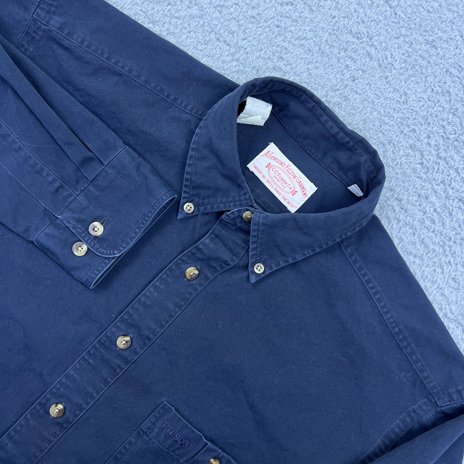 VTG CC Filson Safari Cloth Shirt Mens L Blue 90s USA Guide Style 52BD Button Up