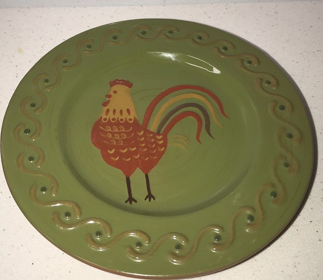 White Barn Candle Co Glazed Pottery Candle Holder Rooster Green Plate