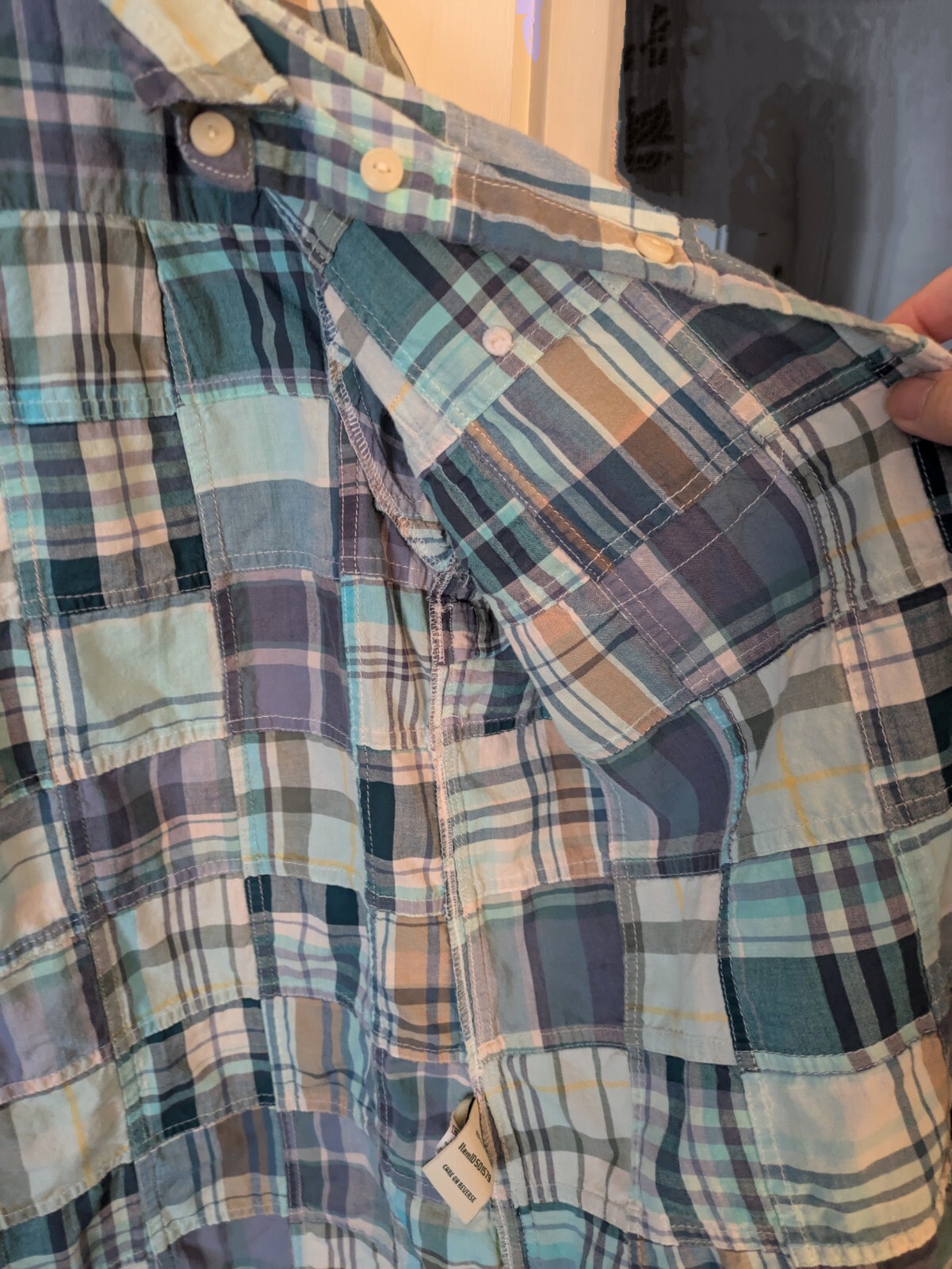 LL Bean Madras Textured Patchwork Blouse Roll-Tab… - image 6