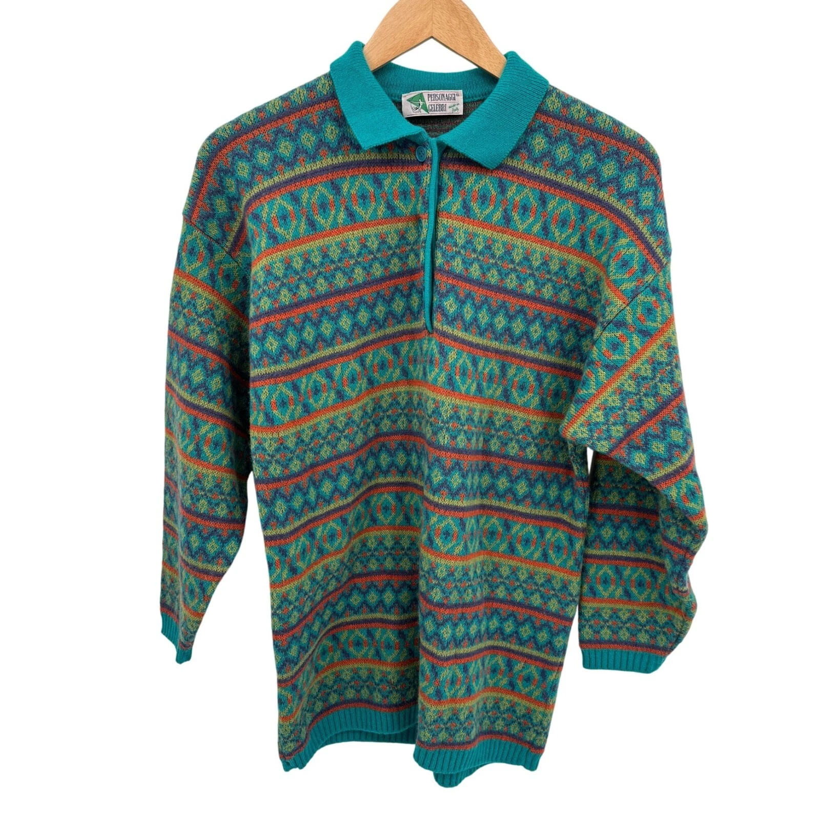Vintage Personaggi Celebri Sweater Mens Medium Blue Wool Blend Collar