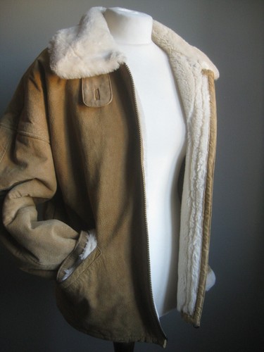 MILAN SHERPA TRUCKER JACKET 12 real suede leather warm fur borg winter tan gold - Picture 15 of 20