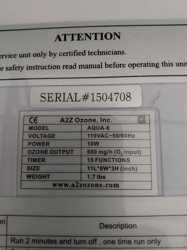 A2Z Ozone Generator Model Aqua-6 (Unit Only) - Picture 2 of 3