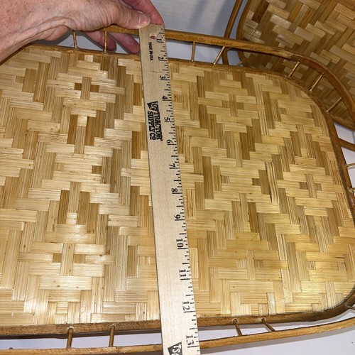 Vintage Set Bamboo Rattan Serving Trays Stacking & Bowl Woven Wicker Tiki - Picture 8 of 10