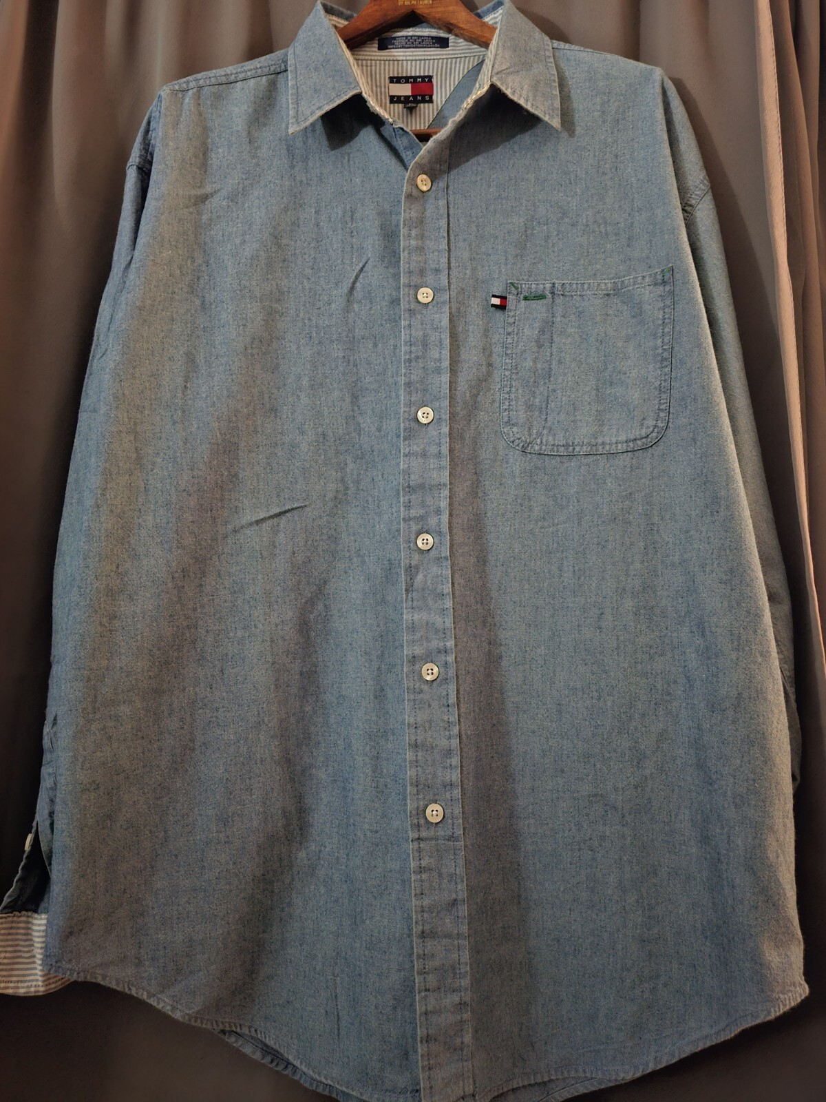Tommy Hilfiger Mens Vintage 90s Denim Shirt XL Blue with Embroidered Crest Logo