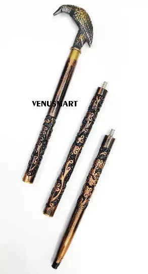 Fancy Hand Carved Walking Stick Wooden Cane Raven Brass Handle Men Women Gift - Image 3 of 4