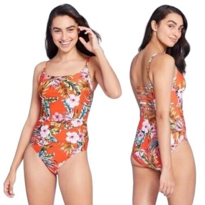 Kona Sol One Piece Swimsuit Size Small Women Orange Floral Shirred High Coverage