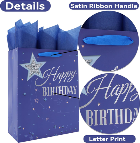 13” Large Blue Happy Birthday Gift Bag Set with Handles, Greeting Card, Tissue P - Bild 4 von 6