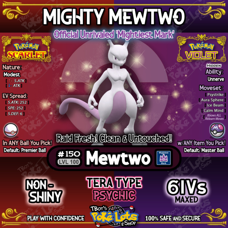 MEWTWO + SHINY✨ MEW 6IV Unrivaled Pokemon SCARLET and VIOLET Raid MIGHTIEST  MARK