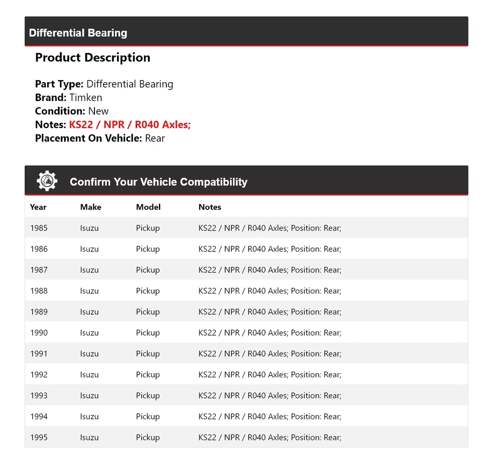 For 1985-1995 Isuzu Pickup Differential Bearing Rear Timken 1986 1987 1988 1989 - Image 2 of 4