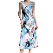 Women's Floral Print Summer Satin Slip Dress V-neck Fit Long Dress
