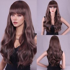 Women Wave Wigs with Bangs Brown Long Curly Wig Body Wavy Hair Wigs