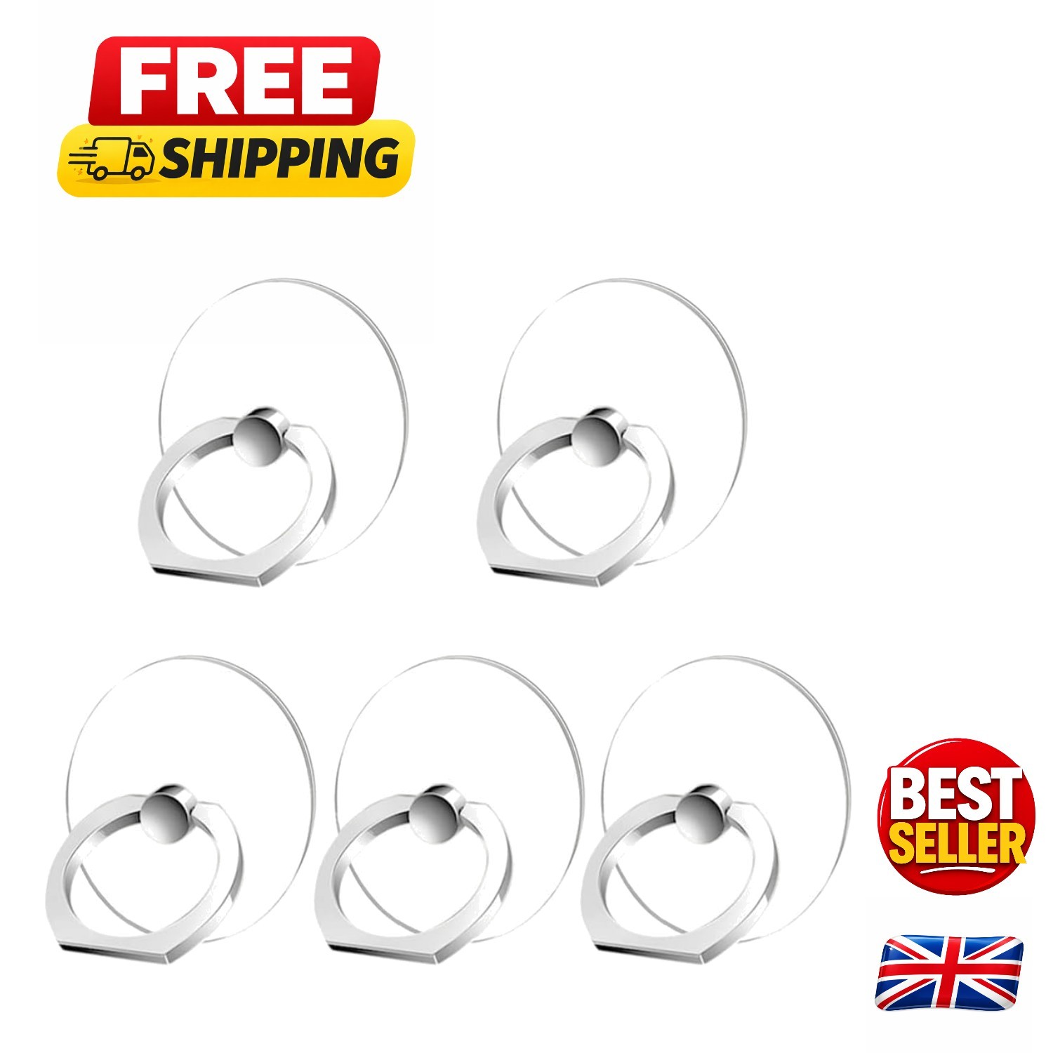 Versatile Silver Phone Ring Holders - 360° Rotation & Strong Adhesive Grip