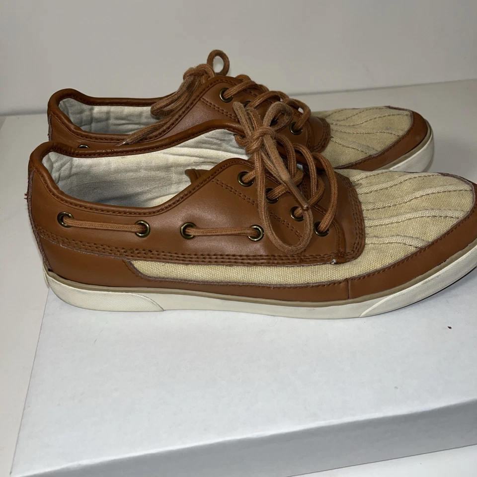 Polo Ralph Lauren Parkstone Talla Baja 10 1/2 D Cuero Tostado Lona Cubierta Barco Zapato Foto 4 de 4