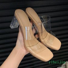 Womens Crystal Mid Heel Clear Transparent Mules PVC Slides Slippers Dressy Shoes