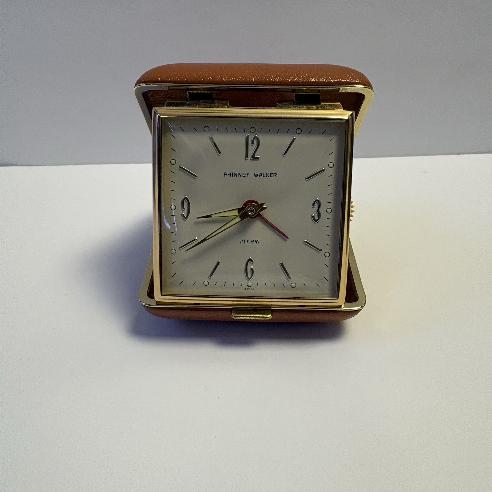 Vintage Phinney-Walker Folding Travel Alarm Clock Brown Case Japan. NWB. A6