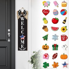 Holiday Interchangeable Welcome Sign for Front Door Wood Porch Sign with 24 P...