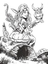 Cute Elf Girl with Owl-OOAK Ink Drawing-Original Art