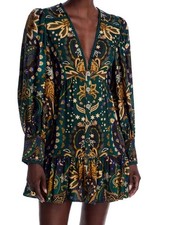 NWT Farm Rio Jaipur Mini Dress Long Sleeve V-neck Green Black $240 Size : L