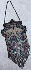 Antique Mandalian Mfg Co Enameled Mesh Purse Floral Art Nouveau Fringe Handbag