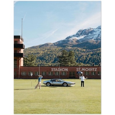 St Moritz Stadium Alps Golf Scene Luxury Vintage Car Scenic Poster