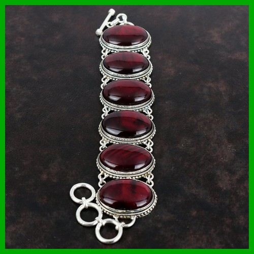 Halloween Deal 925 Silver Natural Red Fire Labradorite Chain Vintage Bracelet - Picture 3 of 13