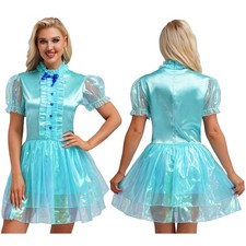 UK Women's Glossy Maid Dress Puffy Ruffle Dresses Frilly Cosplay
