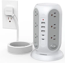 Tower Power Strip with Individual Switches 12 Outlets 5 USB Ports(2 USB C) 10ft