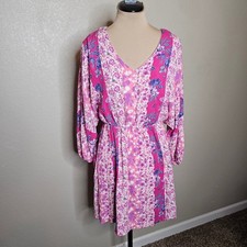 Andree by Unit Pink Floral Patchwork Mini Dress Small V-Neck Balloon Sleeve